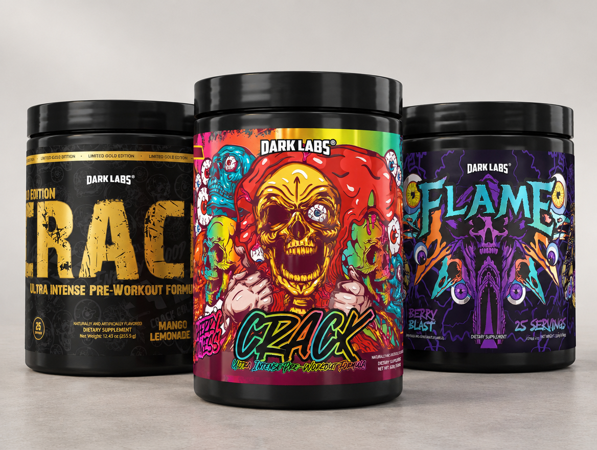 Crack OG, Crack Gold and Flame pre-workouts in natural studio lighting