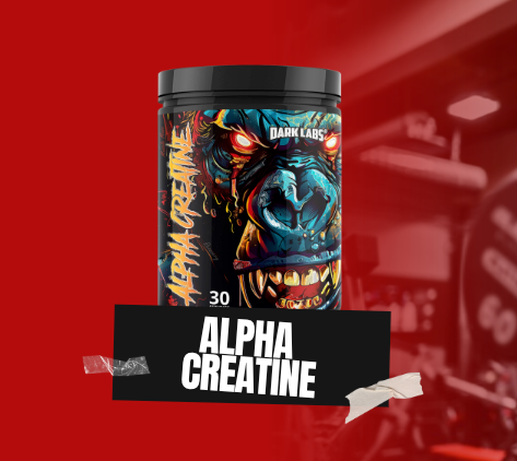 Alpha Creatine supplement container with a dark labz label on a red background