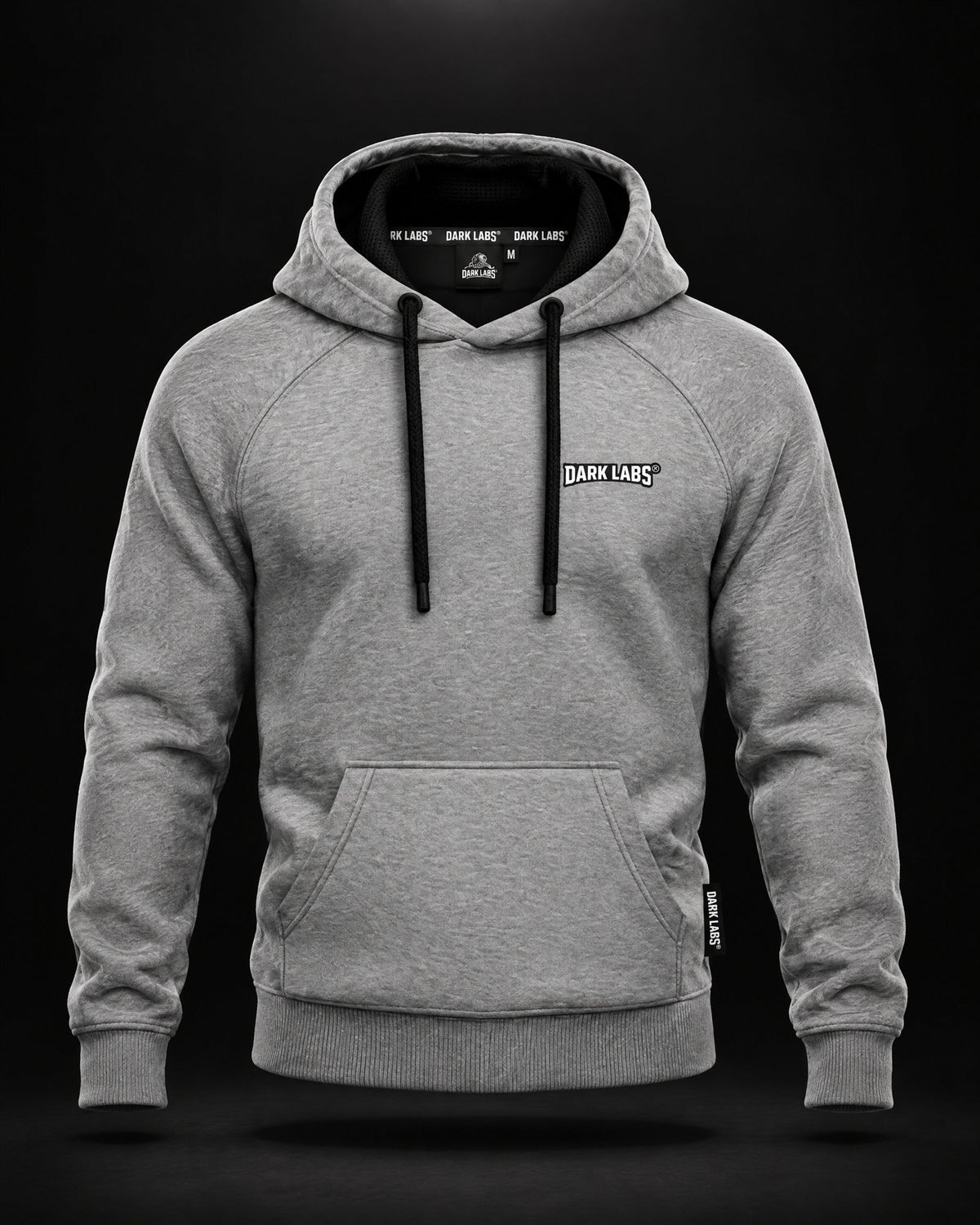 Dark Labs x GGH hoodie, heather grey – front with small Dark Labs logo